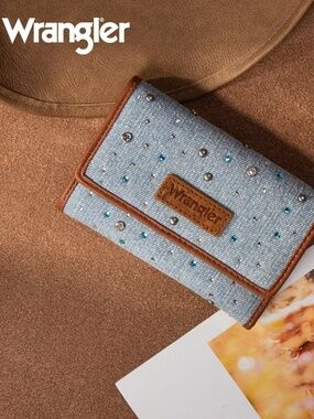 Wrangler Rhinestone Denim RFID Trifold Wallet Jean